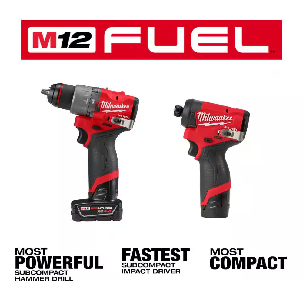 M12 FUEL 12-Volt Lithium-Ion Brushless Cordless Hammer Drill, Impact Driver, Stand Light Combo Kit W/2 Batteries & Bag