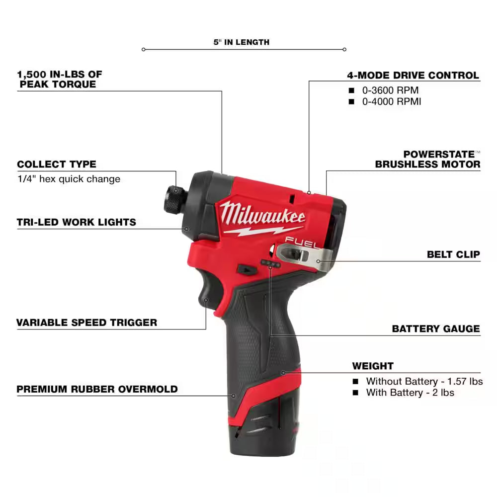 M12 FUEL 12-Volt Lithium-Ion Brushless Cordless Hammer Drill, Impact Driver, Stand Light Combo Kit W/2 Batteries & Bag