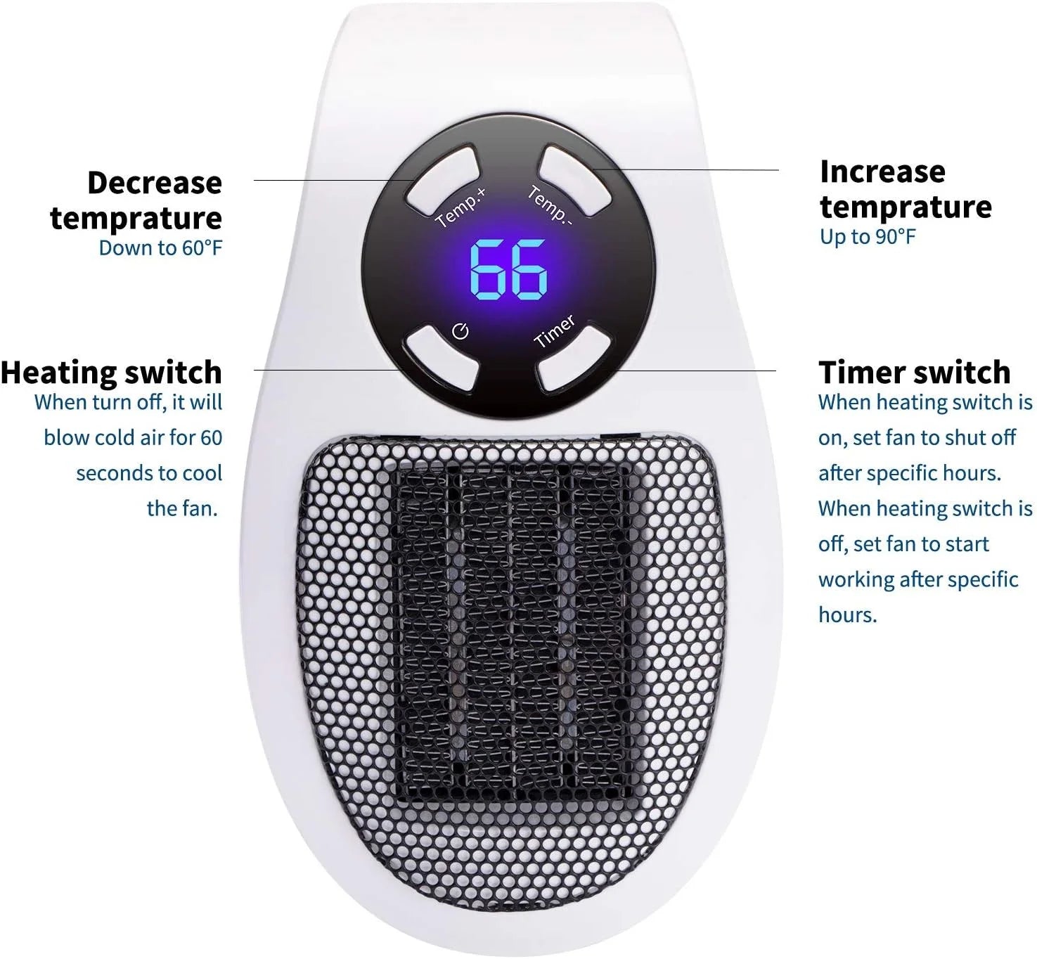 Alpha Heater, 2025 Upgrade 500W Smart Space Electric Fan Heater, Small Space Heater Plug in Wall with Remote, with Adjustable Thermostat Timer and Led Display