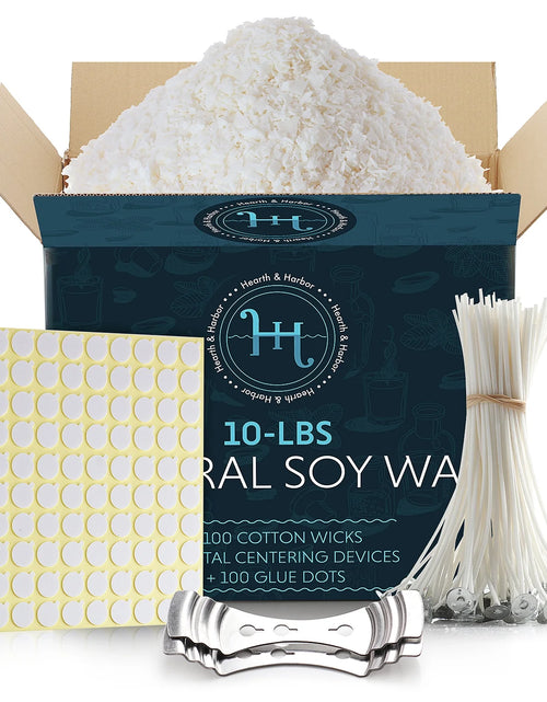 Load image into Gallery viewer, 10 Lbs Natural Soy Wax Flakes, 100 Cotton Wicks, 2 Metal Centering Devices and 100 Glue Dots for Candle Making
