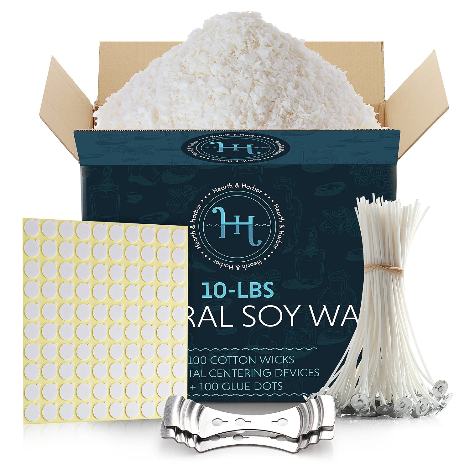 10 Lbs Natural Soy Wax Flakes, 100 Cotton Wicks, 2 Metal Centering Devices and 100 Glue Dots for Candle Making