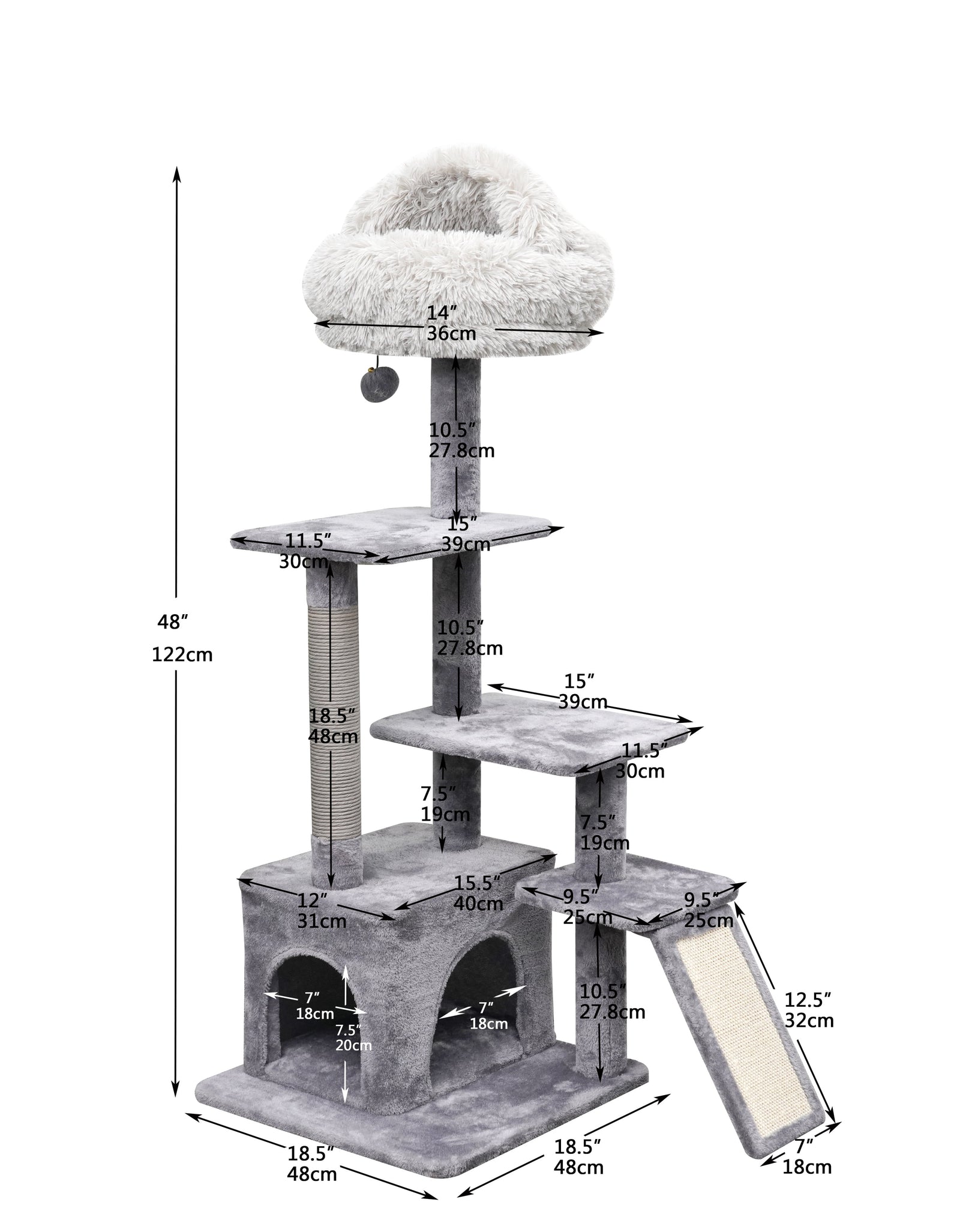 4-Level Grey Cat Tree with Condo and Scratching Pad, 48'' Height