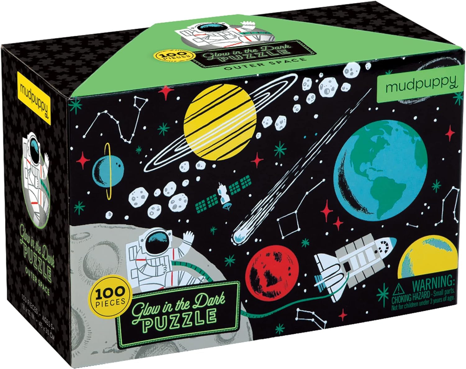 Outer Space Glow-In-The-Dark Puzzle, 100 Pieces, 18”X12”, Made for Kids Age 5+, Illustrations of Planets, Stars, Spaceships and More, Award-Winning Glow in the Dark Puzzle