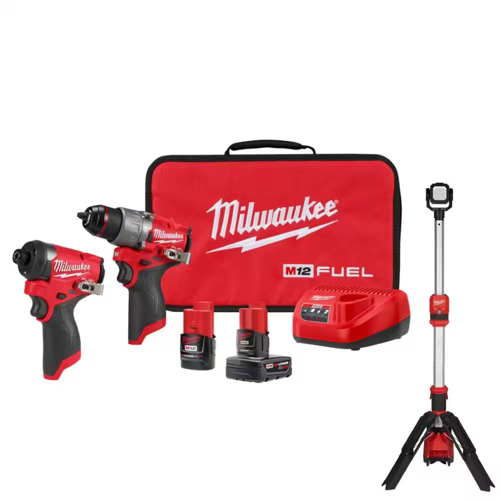 M12 FUEL 12-Volt Lithium-Ion Brushless Cordless Hammer Drill, Impact Driver, Stand Light Combo Kit W/2 Batteries & Bag