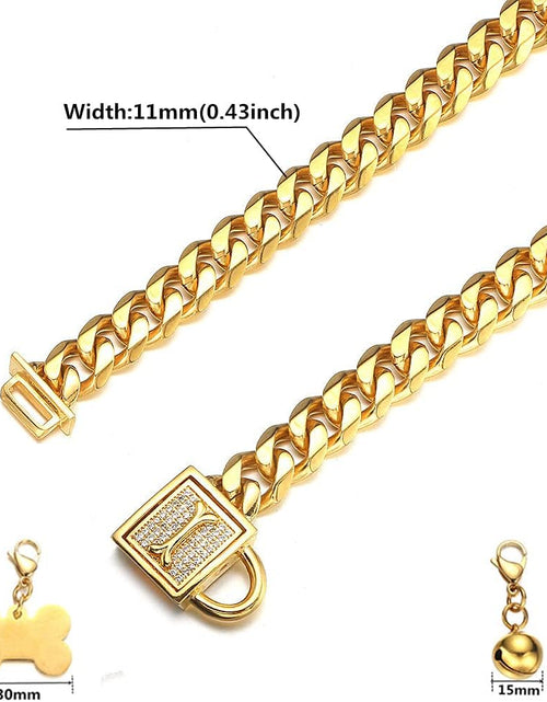 Load image into Gallery viewer, Gold Chain Dog Collar Walking Trainning Chain Collar with CZ Lock ID Tag and Bell Chew Proof 11MM/15MM/19MM Stainless Steel Cuban Link Chain for Small Medium Large Dogs(11Mm, 10Inch)
