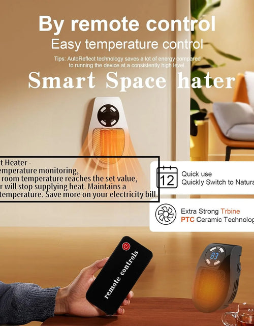 Load image into Gallery viewer, Alpha Heater, 2025 Upgrade 500W Smart Space Electric Fan Heater, Small Space Heater Plug in Wall with Remote, with Adjustable Thermostat Timer and Led Display
