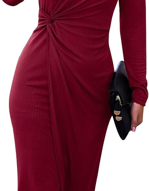 Load image into Gallery viewer, Women Casual Dresses V Neck Long Sleeve Twist Front Waist Ribbed Knit Bodycon Dress Slit Midi Party Fall Dress
