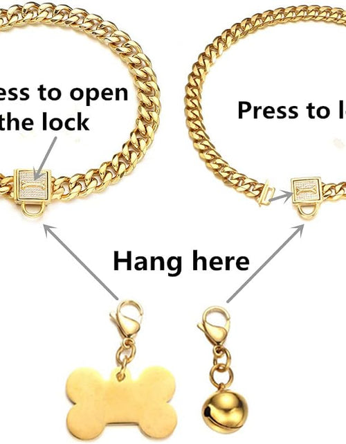 Load image into Gallery viewer, Gold Chain Dog Collar Walking Trainning Chain Collar with CZ Lock ID Tag and Bell Chew Proof 11MM/15MM/19MM Stainless Steel Cuban Link Chain for Small Medium Large Dogs(11Mm, 10Inch)
