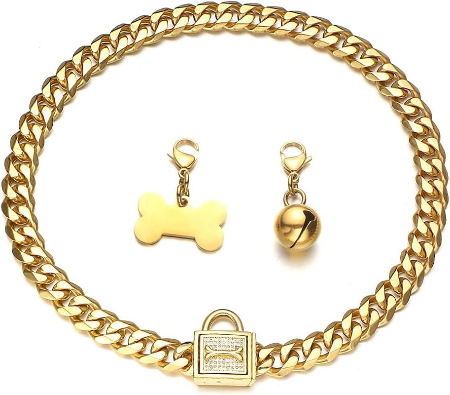 Gold Chain Dog Collar Walking Trainning Chain Collar with CZ Lock ID Tag and Bell Chew Proof 11MM/15MM/19MM Stainless Steel Cuban Link Chain for Small Medium Large Dogs(11Mm, 10Inch)