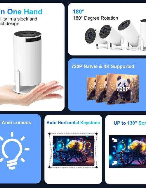 Load image into Gallery viewer, Mini Portable Projector, Projector 4K 1080P Support with Wifi 6 BT 5.0, 180 Degree Rotation Screen Adjustment, Home Video Projector Built-In Android 11.0 OS Compatible for Laptop, PC, Smartphone
