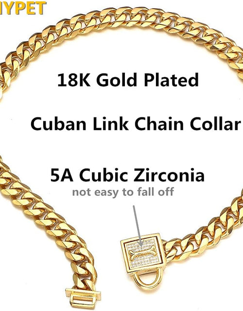 Load image into Gallery viewer, Gold Chain Dog Collar Walking Trainning Chain Collar with CZ Lock ID Tag and Bell Chew Proof 11MM/15MM/19MM Stainless Steel Cuban Link Chain for Small Medium Large Dogs(11Mm, 10Inch)
