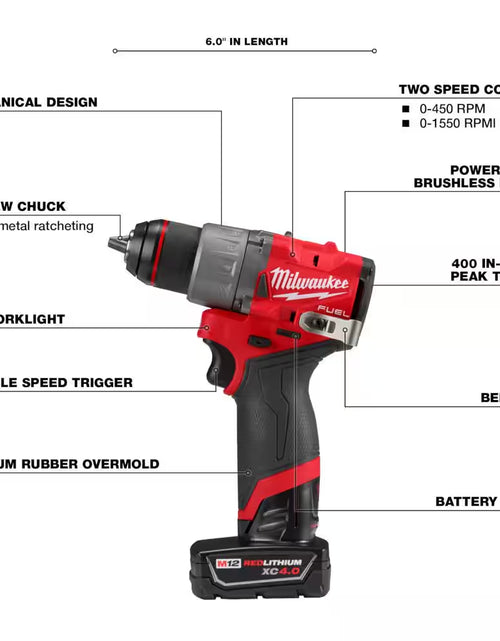 Load image into Gallery viewer, M12 FUEL 12-Volt Lithium-Ion Brushless Cordless Hammer Drill, Impact Driver, Stand Light Combo Kit W/2 Batteries &amp; Bag
