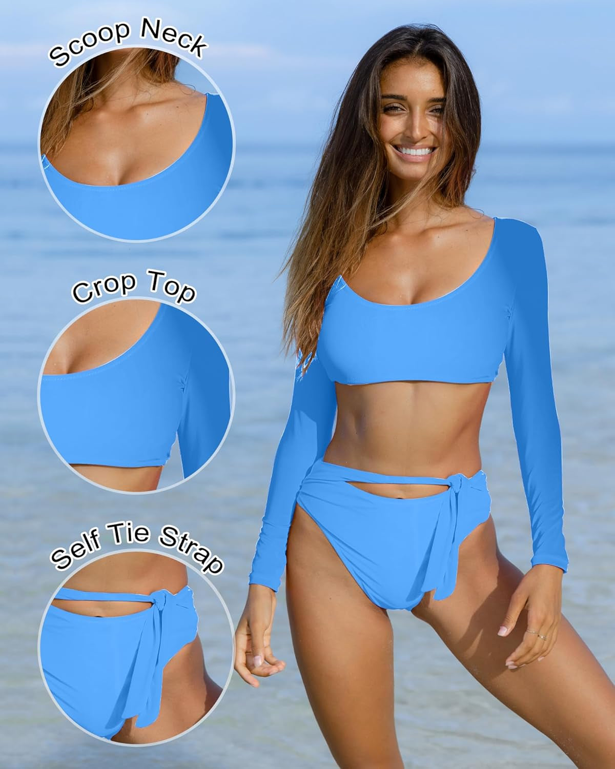 Womens Swimsuits Crop Top High Waisted Bikini Set Rash Guard Bathingsuit Long Sleeve Swimwear