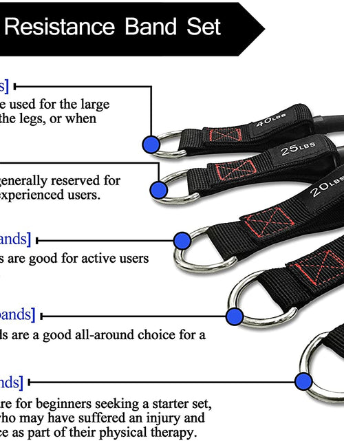 Load image into Gallery viewer, Exercise Resistance Bands with Handles - 5 Fitness Workout Bands Stackable up to 110 - 150 Lbs, Training Tubes with Large Handles, Ankle Straps, Door Anchor Attachment, Carry Bag
