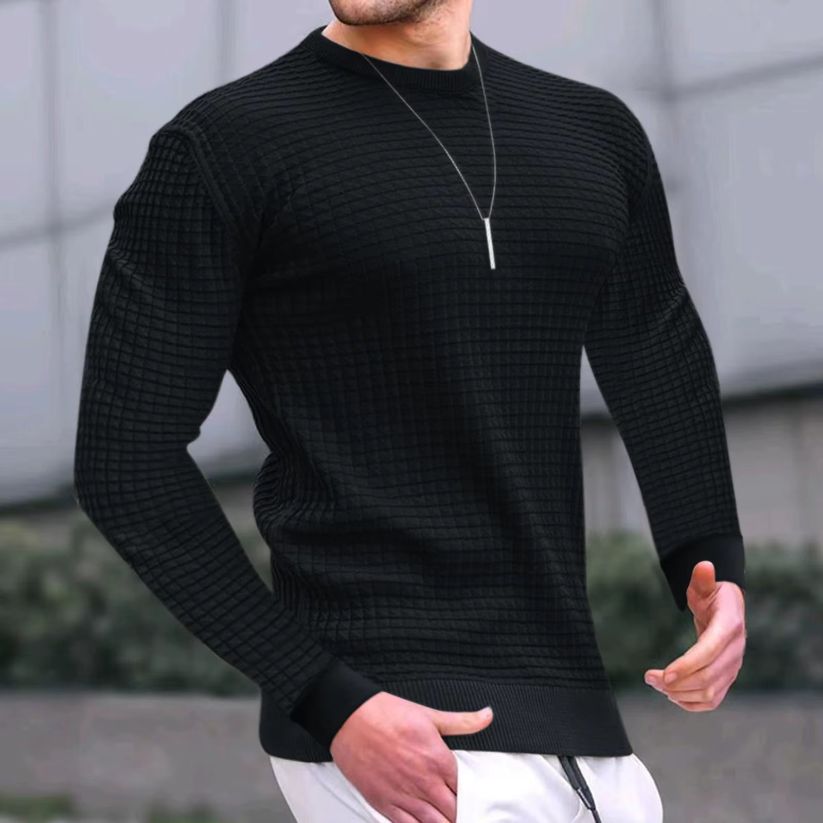 Male Sweatshirts Casual Solid Hoodless O Neck Pocket Long Sleeve Sweatshirt Striped Print Sweatshirt Streetwear Vintage Clothes