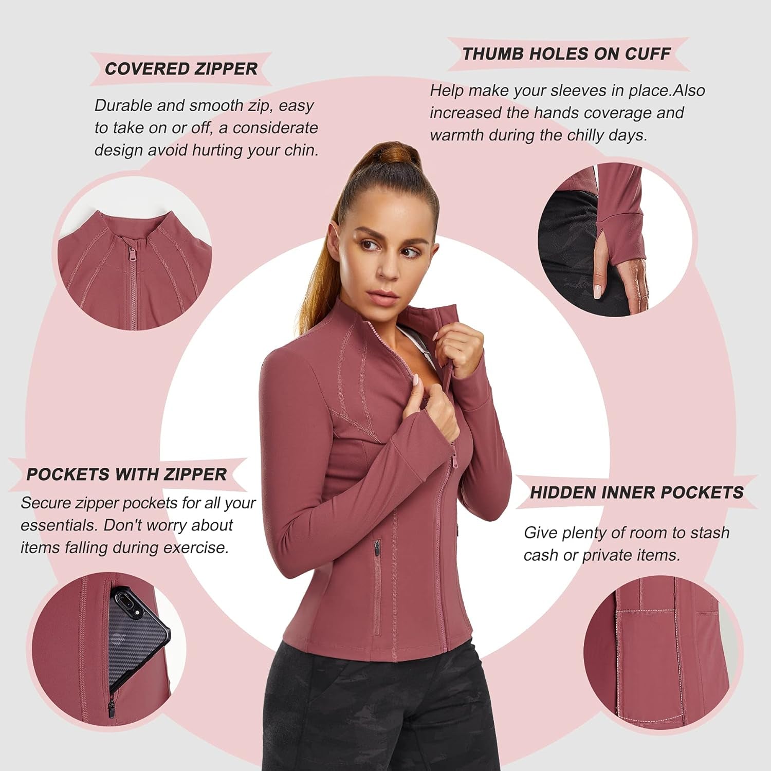 Women'S Sports Jacket Full Zip Workout Running Jacket Slim Fit Long Sleeve Yoga Track Jacket with Thumb Holes