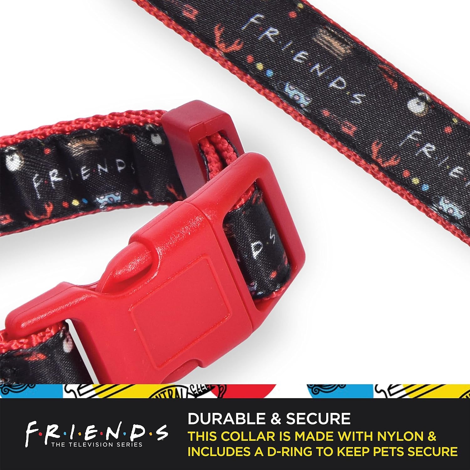 Friends TV Show Iconic Graphics Dog Collar - Friends Dog Collar, D Ring Collar, Cute Dog Collar, Puppy Collar, Collars for Dogs, Friends Pet Collar, Black Collar, Red Collar, Nylon Dog Collar