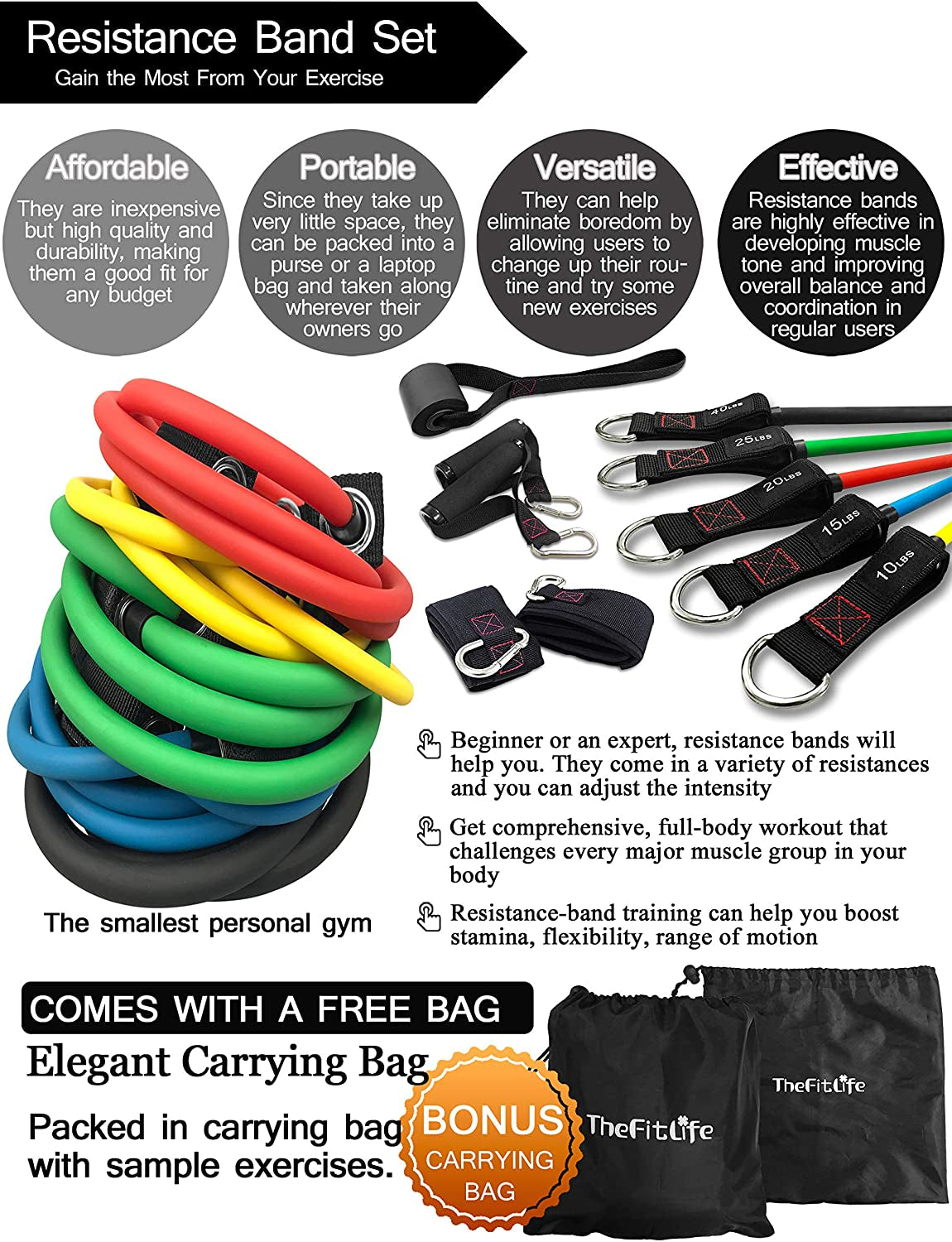 Exercise Resistance Bands with Handles - 5 Fitness Workout Bands Stackable up to 110 - 150 Lbs, Training Tubes with Large Handles, Ankle Straps, Door Anchor Attachment, Carry Bag