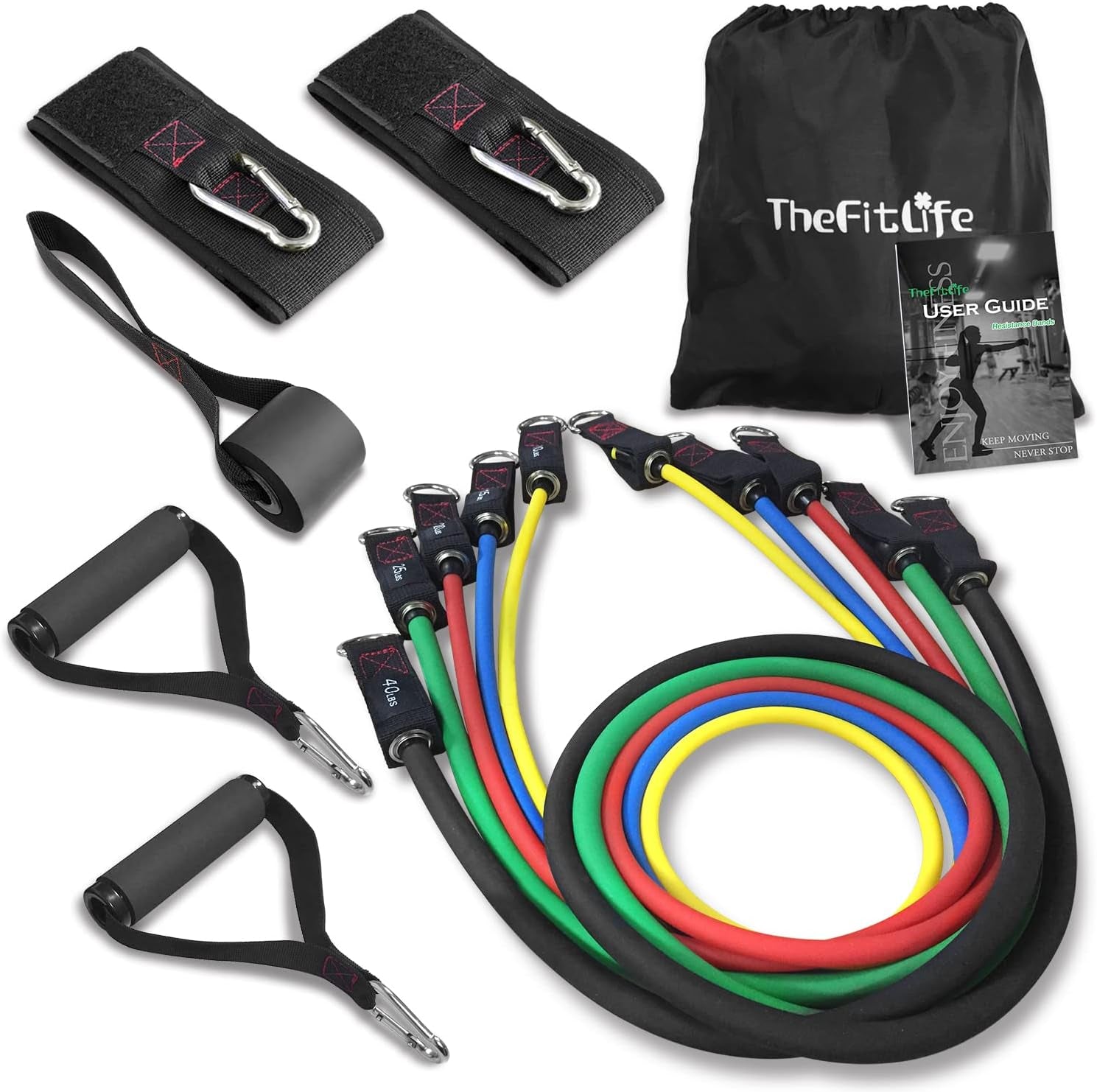 Exercise Resistance Bands with Handles - 5 Fitness Workout Bands Stackable up to 110 - 150 Lbs, Training Tubes with Large Handles, Ankle Straps, Door Anchor Attachment, Carry Bag