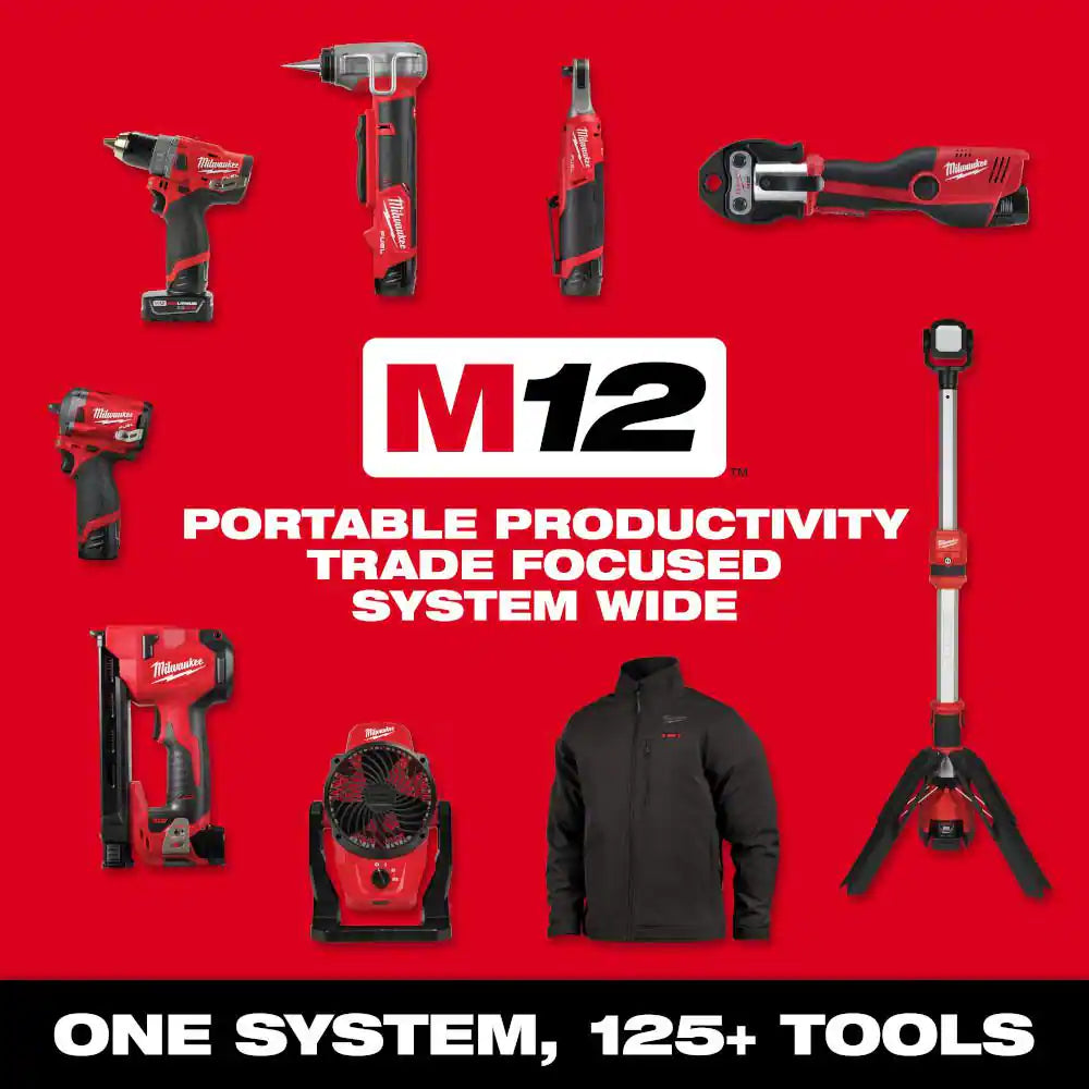 M12 FUEL 12-Volt Lithium-Ion Brushless Cordless Hammer Drill, Impact Driver, Stand Light Combo Kit W/2 Batteries & Bag