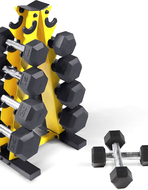 Load image into Gallery viewer, 5-25Lb Rubber Coated Hex Dumbbell Set with a Frame Storage Rack Non-Slip Hex Shape for Muscle Toning, Strength Building &amp; Weight Loss - Multiple Choices Available
